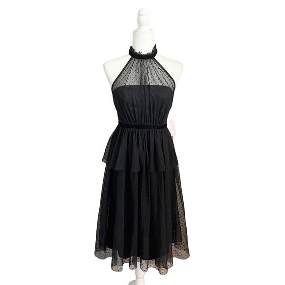 Avec Les Filles Tiered Tulle Halter Midi Dress 2 Black NWT - Picture 2 of 9